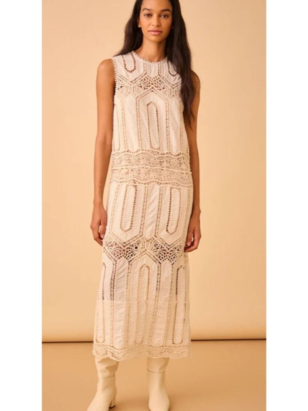 NEW Hunter Bell Stowe Crochet Sleeveless Midi Dress Cream Size: 0